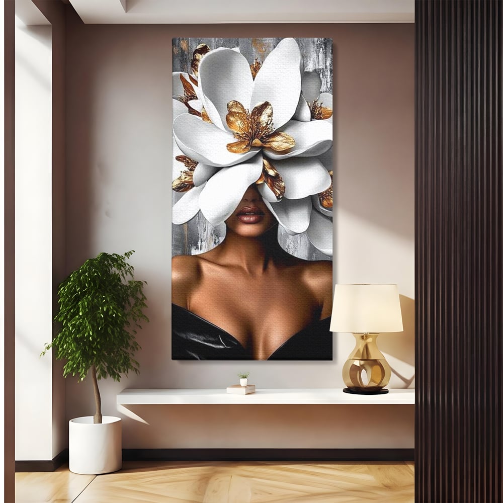 Tablou canvas cu tablou canvas cu femeie si magnolie alba, fara rama, pe sasiu de lemn